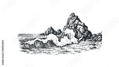 Ocean waves crashing against rocky shore with detailed ink sketch. Vector hand drawn illustration