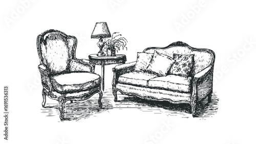Sketch of antique armchair and sofa with lamp on table. Vector hand drawn illustration