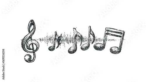 Hand Drawn Treble Clef and Music Notes with Transparent Background. Vector hand drawn illustration