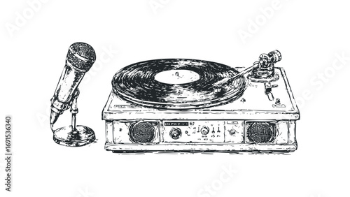 Sketch of vintage turntable and microphone on transparent background. Vector hand drawn illustration
