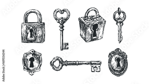 Collection of ornate vintage keys and locks on transparent background. Vector hand drawn illustration