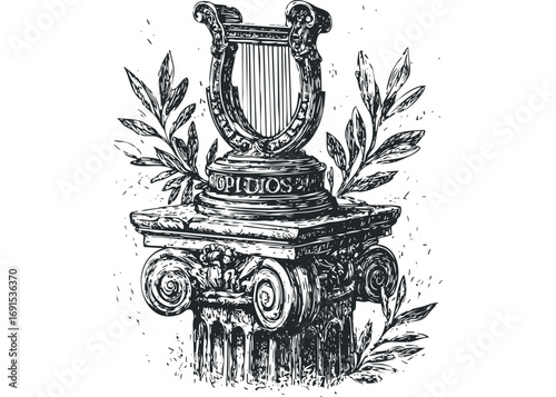 Ornate harp on ancient column with laurel branches. Vector hand drawn illustration