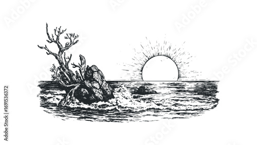 Sketch of a stark, bare tree on a rocky shore against a rising sun and choppy ocean. Vector hand drawn illustration
