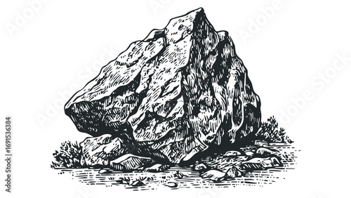 Large weathered rock with surrounding stones and foliage. Vector hand drawn illustration