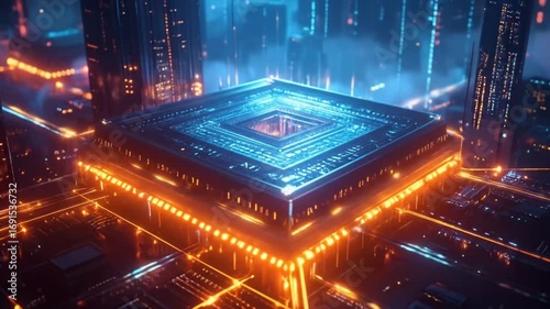 Futuristic city with advanced technology and glowing circuit connections in the metaverse