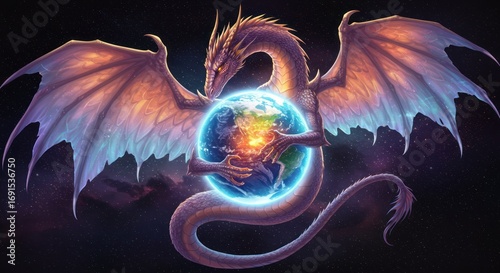 A celestial guardian dragon embraces the Earth, protecting it amidst the cosmic nebula and stars of deep space