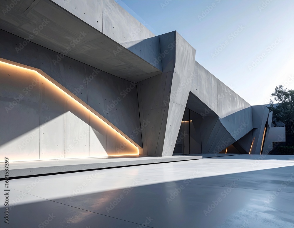 Fototapeta premium Sleek Contemporary Concrete Building with Geometric Angles and Integrated Lighting Design