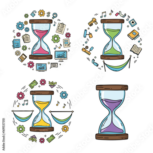 Set of four handdrawn hourglass illustrations representing worklife balance concepts.