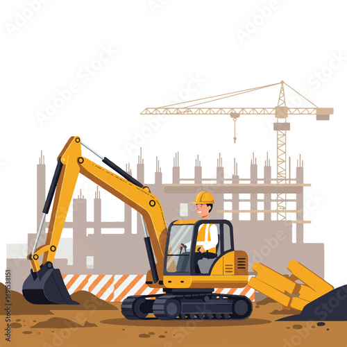 A male construction worker in yellow hard hat and safety vest operates an excavator on a busy construction site with a partially built building, depicted in a clean 2D flat vector style.