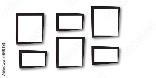 Vector illustration of a wooden frame and icons. Vertical rectangle frame, black exterior frame overlaid with white frame on white background. Vector stock illustration.	