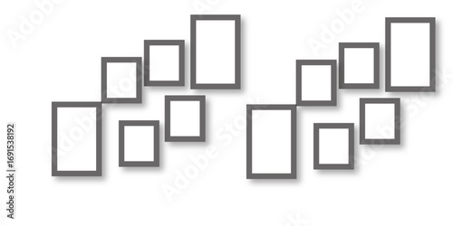 Vector illustration of a wooden frame and icons. Vertical rectangle frame, black exterior frame overlaid with white frame on white background. Vector stock illustration.	