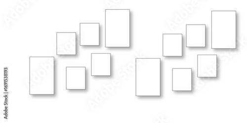 Vector illustration of a wooden frame and icons. Vertical rectangle frame, white exterior frame overlaid with white frame on white background. Vector stock illustration.	