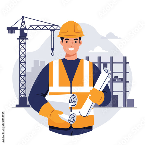2D flat vector: Male construction worker, hard hat, vest, holds blueprints by partially built building, crane, white background.