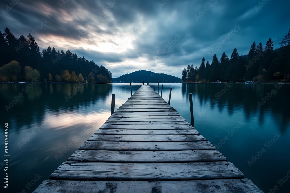 Fototapeta premium A blue lake with a wooden dock