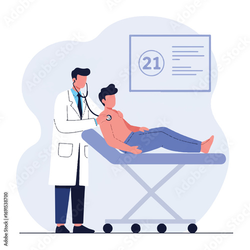 A caring male doctor in a white coat uses a stethoscope to check a patient's heartbeat during a medical examination in a clean, simplified 2D vector clinic illustration.