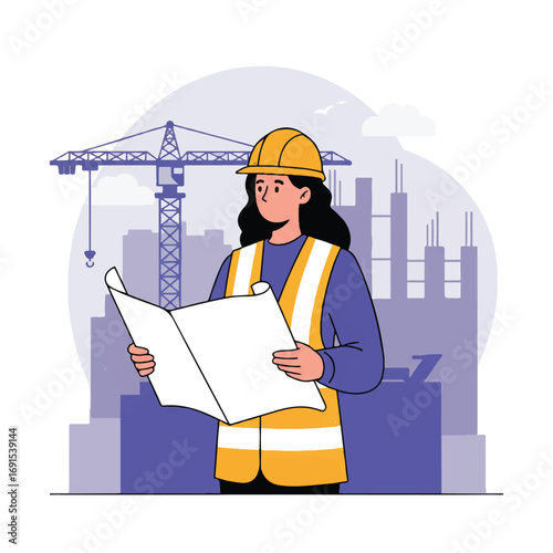 A confident female construction worker in a hard hat and safety vest holds a blueprint at a building construction site with a crane, illustrated in a clean 2D flat vector style.
