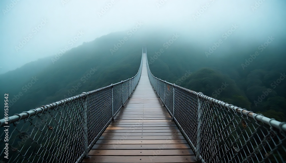 Fototapeta premium a Misty Mountain Suspension Bridge, Wooden suspension bridge. Misty atmosphere, way through clouds, path between mountain rocks. Travel destination, created with generative ai