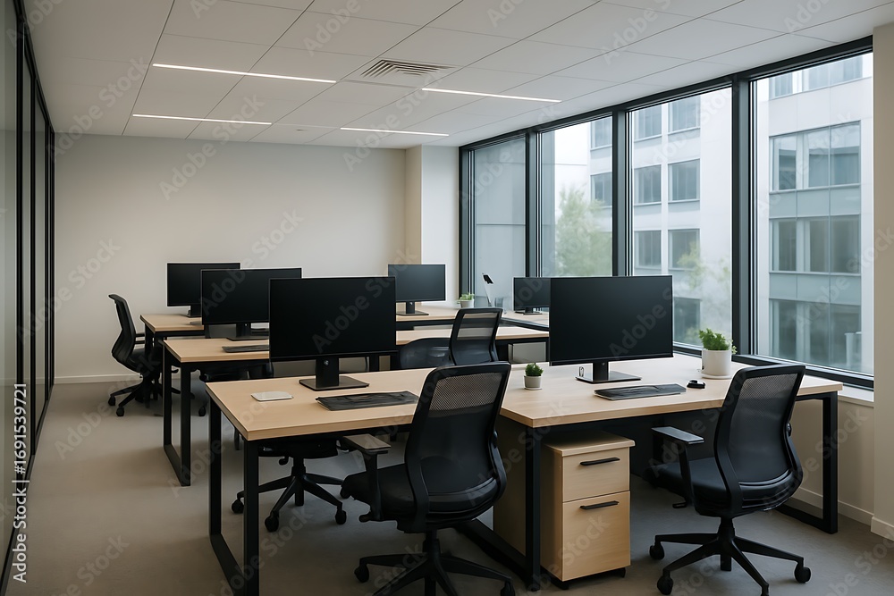 Fototapeta premium Modern office space with desks and computers by large windows