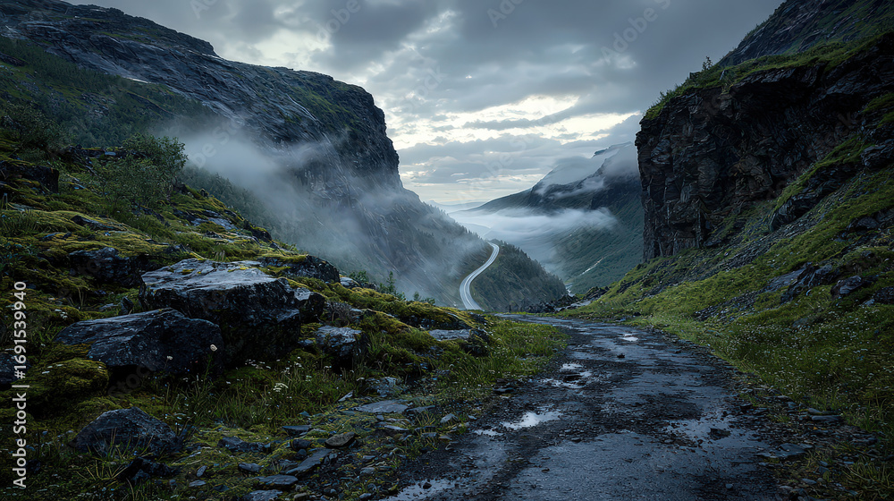 Fototapeta premium Misty morning scene at Trollstigen with low clouds, rocky terrain, and lush greenery, creating serene and tranquil atmosphere