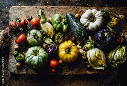 Rustic wooden board with varied fresh vegetables tomatoes, zucchini, squash, eggplant. Colorful, natural, healthy ingredients for cooking