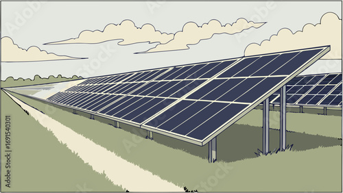 Solar Panel Farm Renewable Energy Clean Energy Sustainable Power Green Technology Illustration.