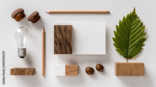 Flat lay with leaf, bulb, acorns, wood blocks, pencils, and white card. Calm, clean, and nature-inspired