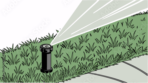 Sprinkler head watering green grass lawn irrigation system garden design landscaping illustration.