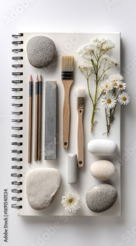 Overhead shot of a sketchbook adorned with stones, pencils, brushes, and delicate white flowers, presented on a plain white surface, bathed in soft light