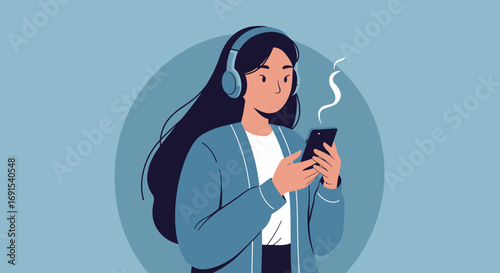 A young woman wearing headphones, immersed in her music, holding and looking at her smartphone with a thoughtful expression, conveying personal enjoyment and connection through technology and sound