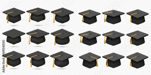 Multiple black graduation caps arranged in rows on a transparent background, symbolizing academic achievement.