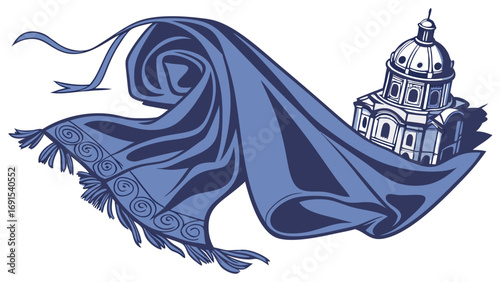 Stylized illustration of a building partially hidden under a draped fabric abstract design architectural element blue textile ornate detail.