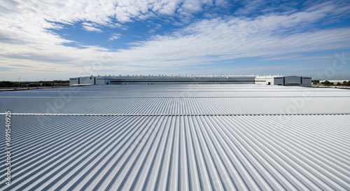 Wide view of modern industrial building with large metal roof