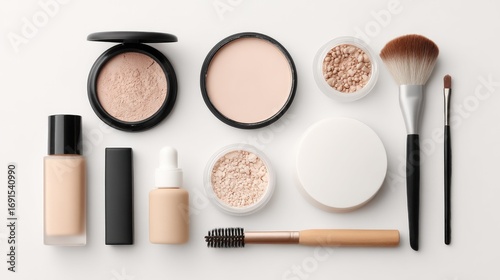 An overhead shot featuring various makeup products arranged against a stark white background, showcasing powders, foundation, brushes, and other applicators