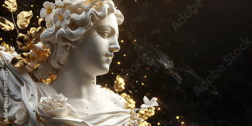 Elegant classical statue adorned with golden flowers and delicate petals.
