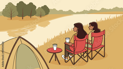 Two women enjoying a relaxing camping trip by a river, sitting in chairs near a tent