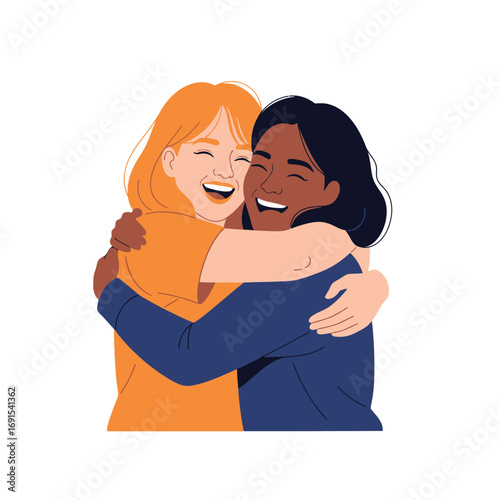 Two diverse women embrace tightly, sharing a joyful moment of friendship and connection.