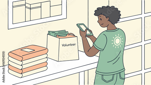 Volunteer using smartphone to manage donations books and supplies illustration.