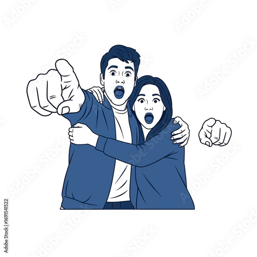 Surprised couple pointing forward with excitement, embracing each other, with an additional pointing hand.