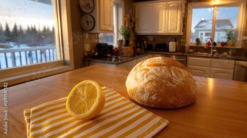 Loaf of crusty bread and half a lemon on a striped tea towel in a bright, sunny kitchen with a winter landscape visible through the window