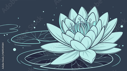 Water Lily Flower Blossom Aquatic Plant Teal Blue Botanical Illustration Floral Design Nature Art Serenity Peace Spa Wellness Water Lily Pad Pond Plant Calm Tranquility Elegant Art.