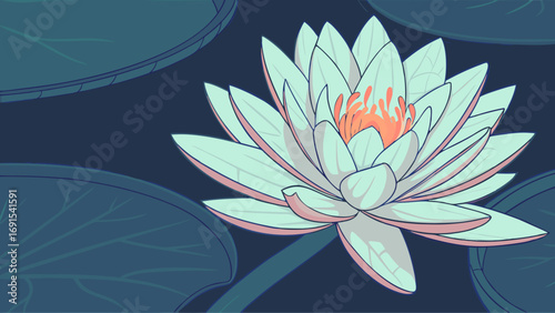 Water Lily Flower Blossom Aquatic Plant Teal and Peach Color Palette Botanical Illustration Floral Design Nature Art Serenity Peace Tranquility Spa Wellness Yoga Meditation Summer S.