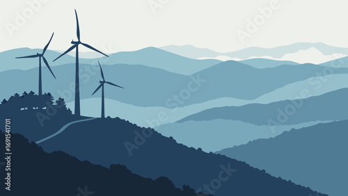 Wind Turbines on Mountain Landscape Green Energy Illustration Eco-Friendly Power Generation.