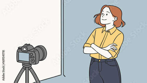 Woman filming herself with camera on tripod against white background.