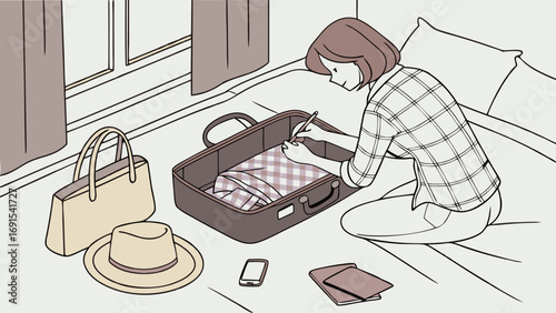 Woman packing suitcase for travel preparing for journey organizing clothes and accessories in a bedroom.