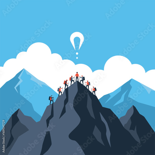 A group of people on a mountain peak, facing an uncertain future.