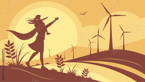 Woman silhouetted against sunset with wind turbines in the background representing clean energy and environmental sustainability.