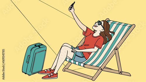 Woman taking a selfie while relaxing on a beach chair with luggage.