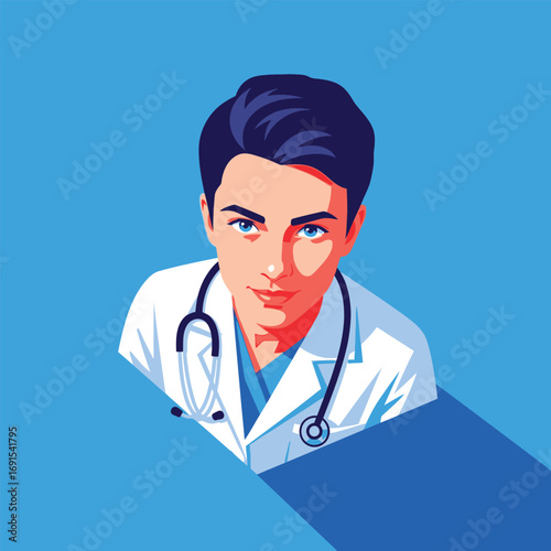 Close-up illustration of a confident young doctor wearing a white coat and stethoscope.