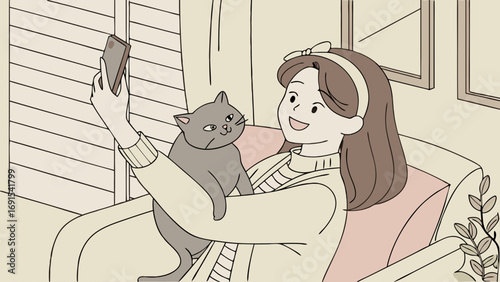 Woman taking a selfie with her cat at home cute illustration.