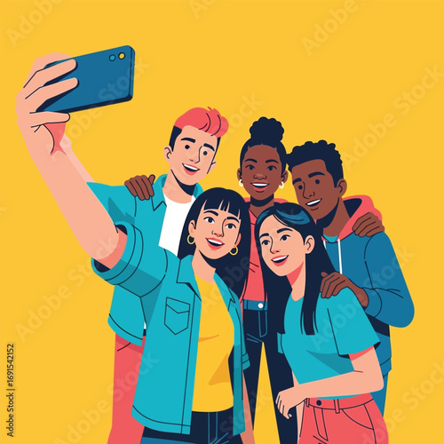 Group of diverse friends taking a selfie together, smiling and happy.